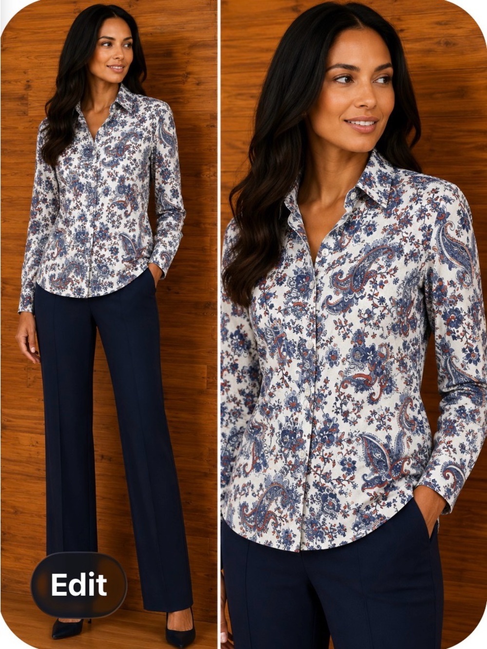 Paisley Floral Button-Up Blouse in White & Blue